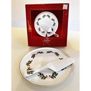 VTG 1970s Rare! Christmas Japan Holly Berries Porcelain Ware Cake Plate w Server